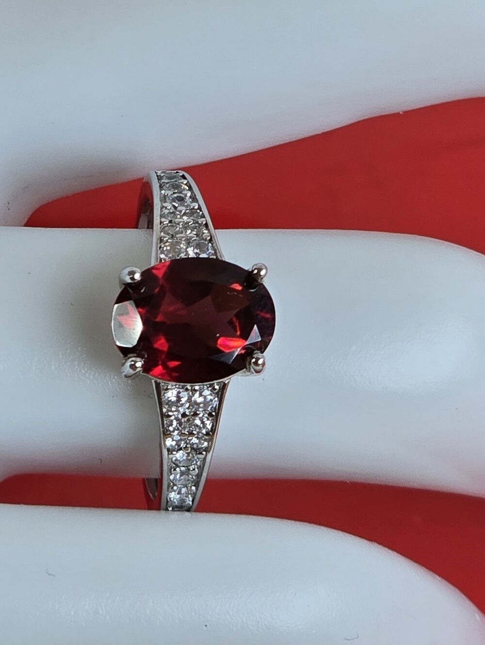 925 Sterling Silver Ring With Natural Garnet 7x9mm & CZ